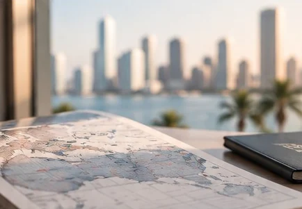 Mapa abierto sobre un escritorio con vista a la ciudad