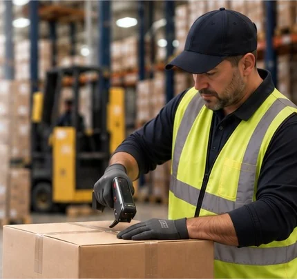 Employé scannant des boîtes dans un centre de consolidation