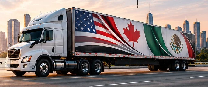 Camion semi-remorque sur l'autoroute avec une ville au coucher du soleil