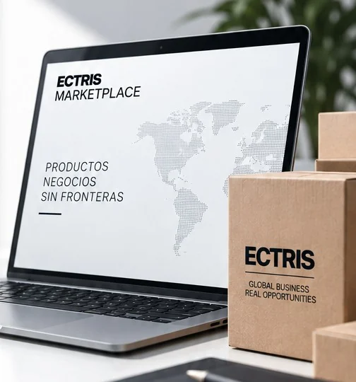 Ordinateur portable affichant ECTRIS Marketplace à côté de boîtes en carton