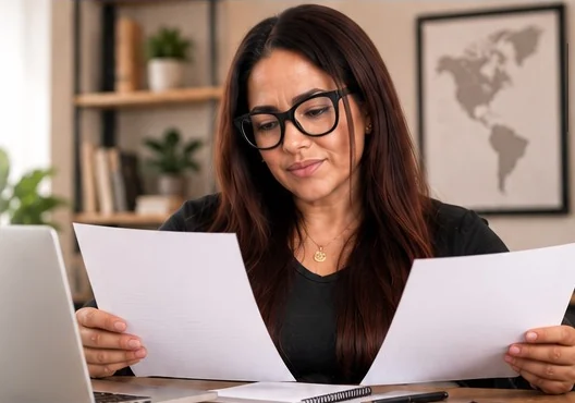 Profesional de compras revisando documentos de cotización en su escritorio