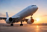 Avión de carga despegando al atardecer